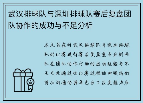 武汉排球队与深圳排球队赛后复盘团队协作的成功与不足分析